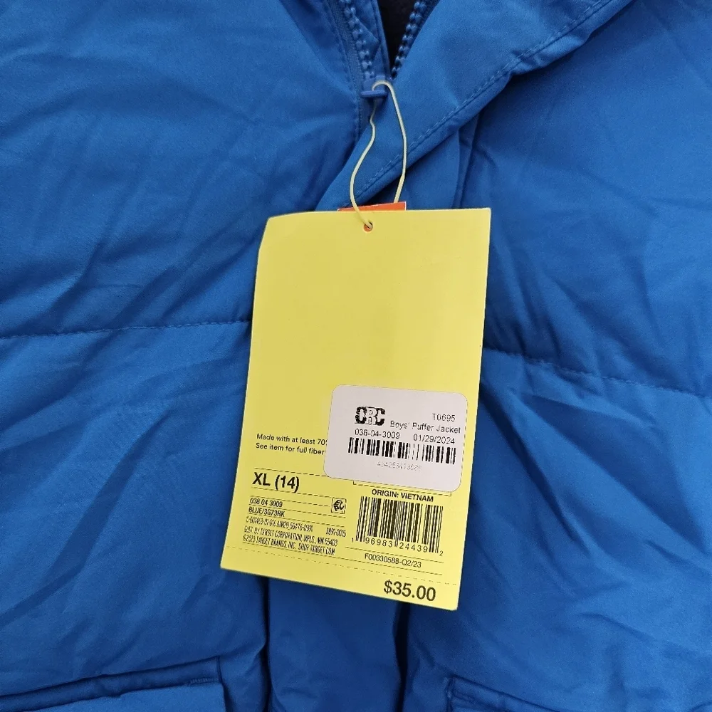 All In Motion Boys Short Puffer Jacket Blue Extendable Sleeves Size XL 14